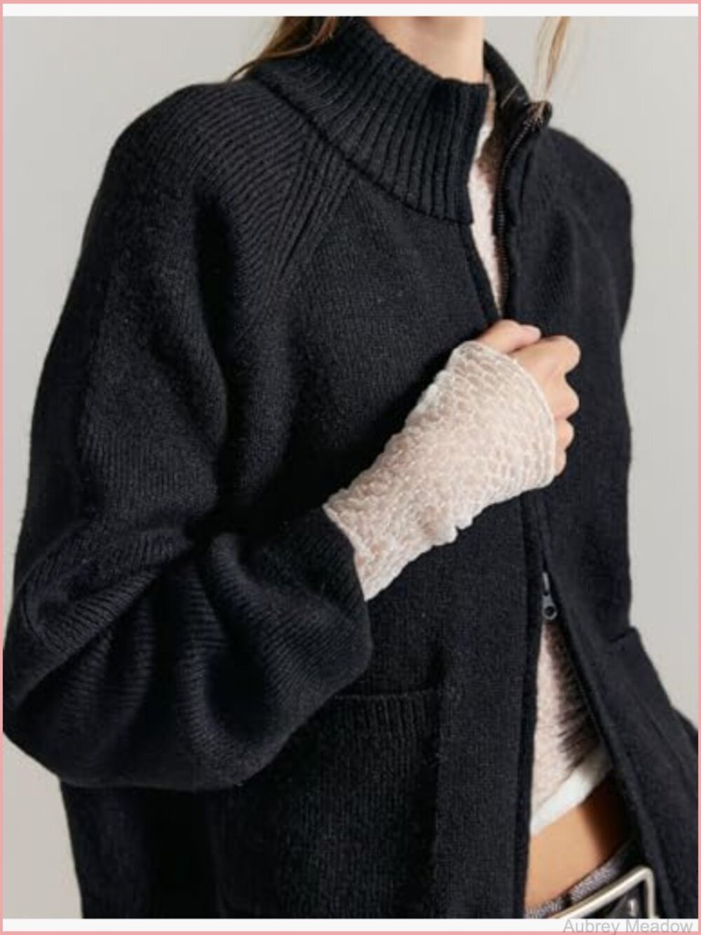 Double Zipper Open Front Cardigan Sweater Ribbed Knit Coat Pockets - Picture 3 of 7